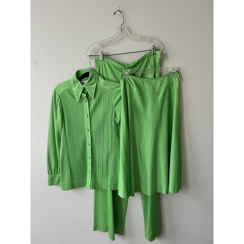Vintage Manning Silver 70s Bright Green Jersey Tuxedo Disco 3pc Set‎